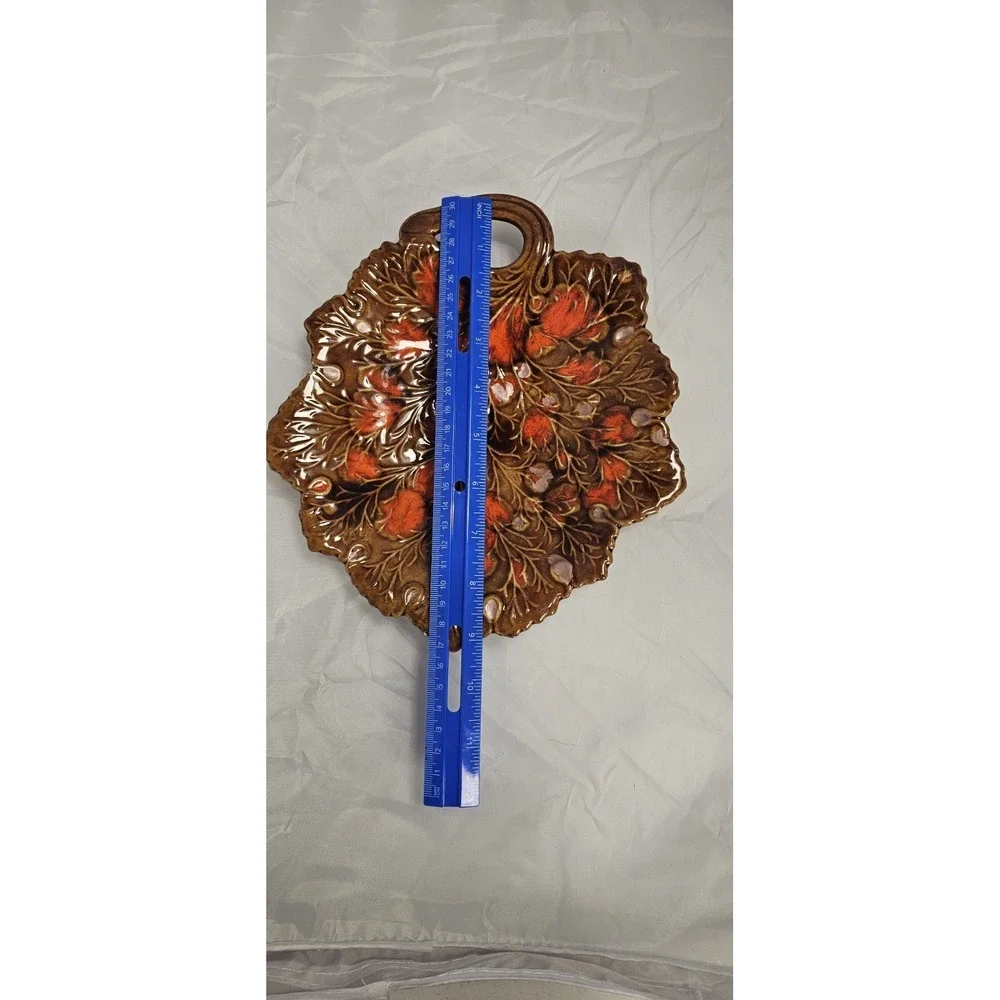 Vintage 1973‎ Leaf Shaped Serving Dish Platter Burnt Orange Brown Glazed Ceramic